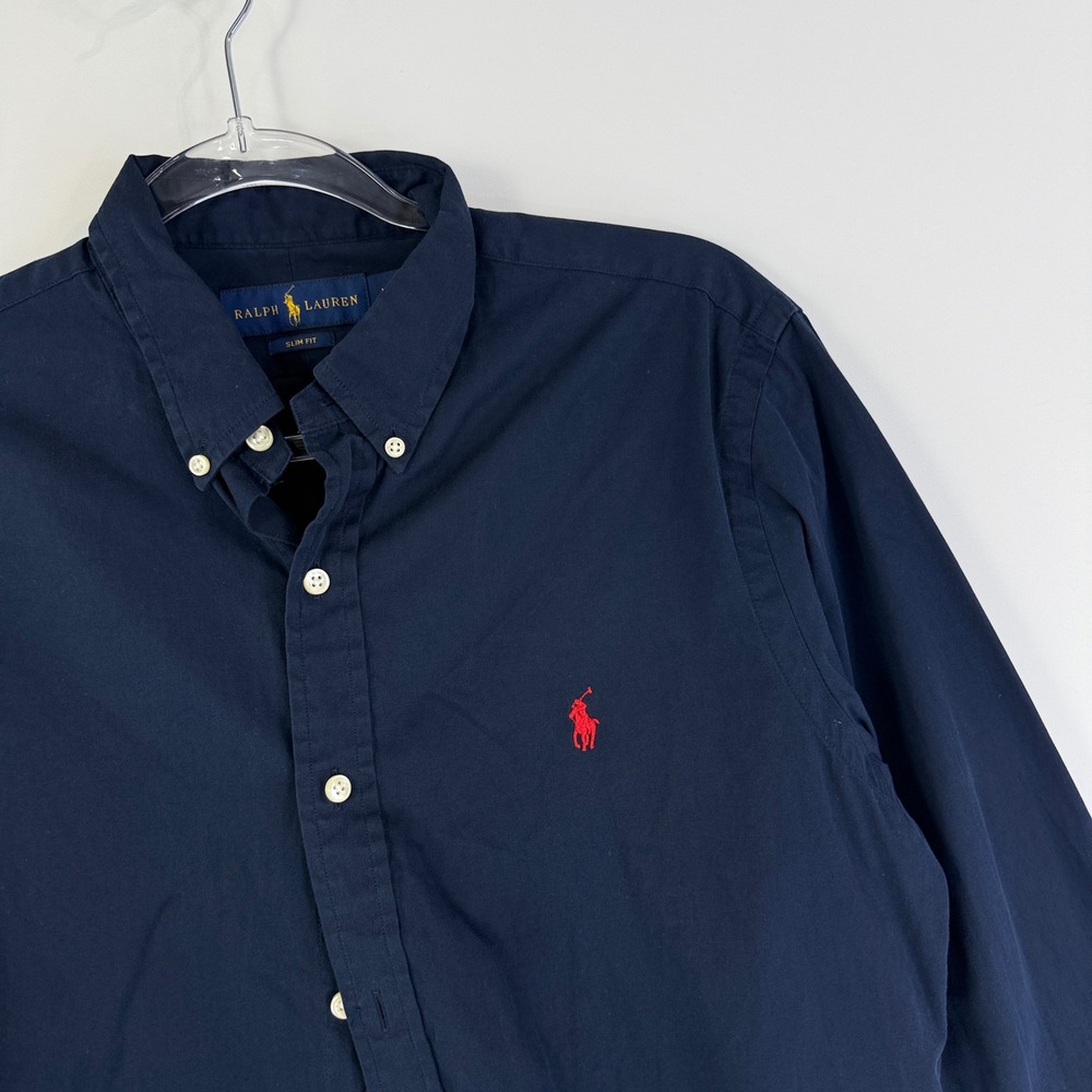 Polo Ralph Lauren Poplin Shirt Mens M Navy Blue Slim Fit Red Pony Button Down